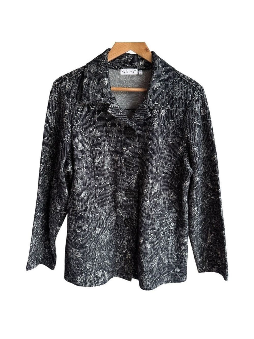 Habitat Lightweight Blazer Jacket Womens L Black Textured Button Up Top EUC